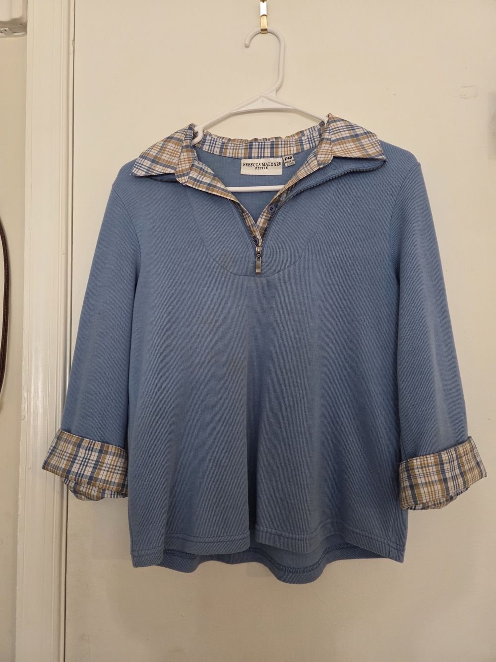 🛍Rebecca Malone Petite Medium Periwinkle Blue Ribbed Quarter Zip Plaid Trim Top